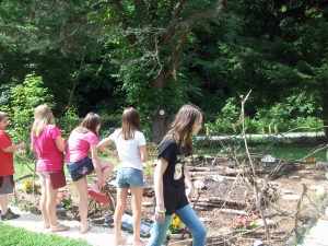 Middle school students inspect the literature garden