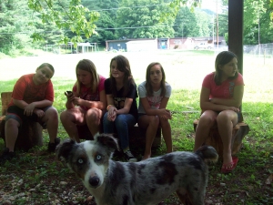 A neighborhood dog, Kisses, joins in the fun with the children