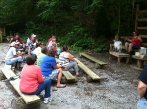 Group listening to Beth talk about her fiber animals.