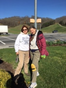 My friend Sandy and I gardening in our man pants.