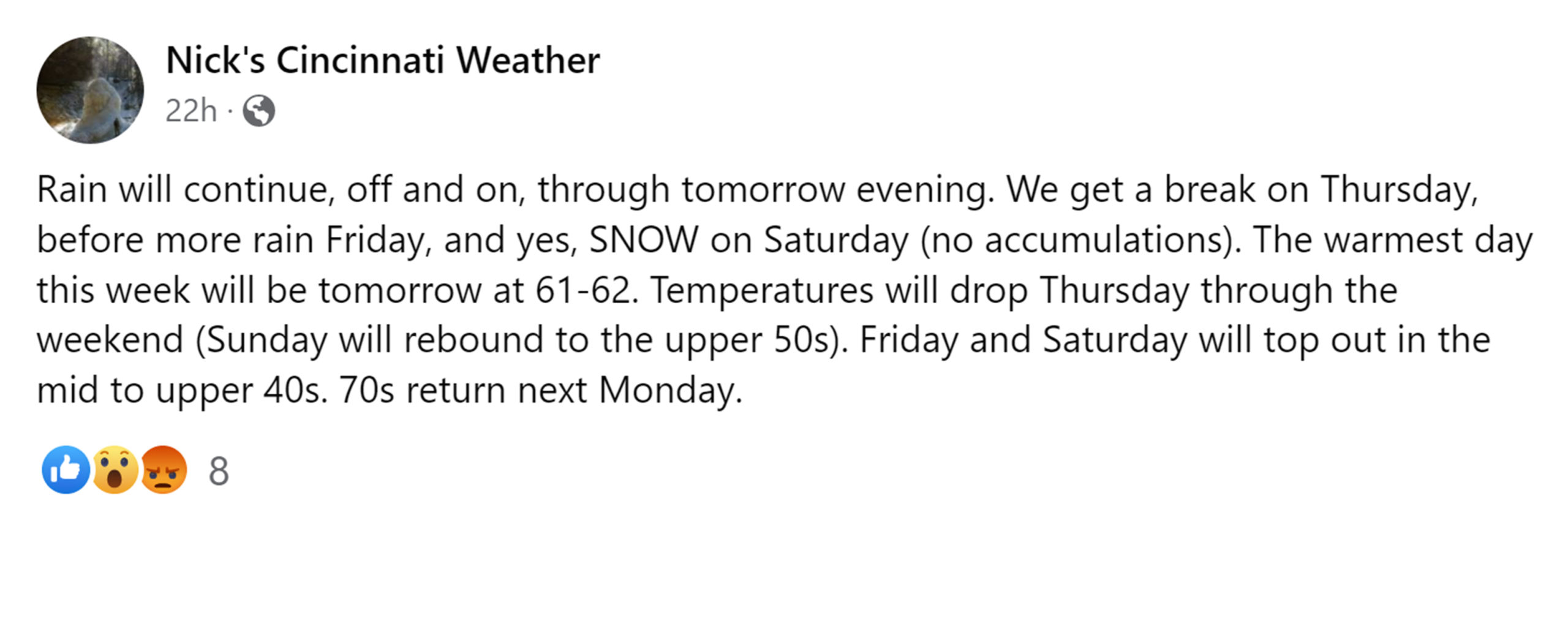 Screenshot of a Facebook post from a local meteorologist named Nick that shares the forecast for Cincinnati over the next week. It will be cold and rainy a lot with a chance of snow.